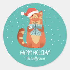 Cute Cat in Kerstmis Pet Winter Holiday Ronde Sticker