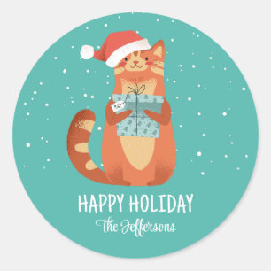 Cute Cat in Kerstmis Pet Winter Holiday Ronde Sticker