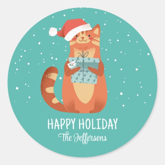 Cute Cat in Kerstmis Pet Winter Holiday Ronde Sticker (Voorkant)