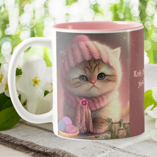 Cute Cat in Pink Knit Pet Yarn Persoonlijk Tweekleurige Koffiemok