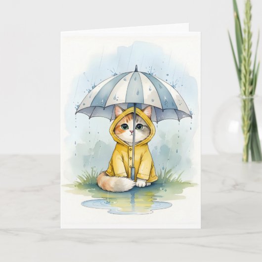 Cute Cat in Raincoat with Umbrella Watercolor Kaart (Voorkant)