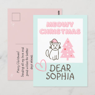 Cute Cat in Santa Hat&Tree Meowy-kerstpasta Briefkaart