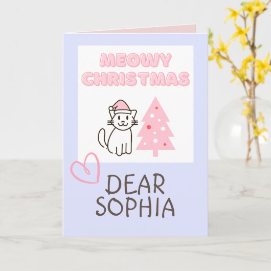 Cute Cat in Santa Hat&Tree Meowy-kerstpasta Kaart (Gele Bloem)