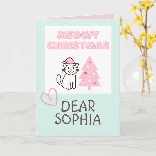 Cute Cat in Santa Hat&Tree Meowy-kerstpasta Kaart (Gele Bloem)