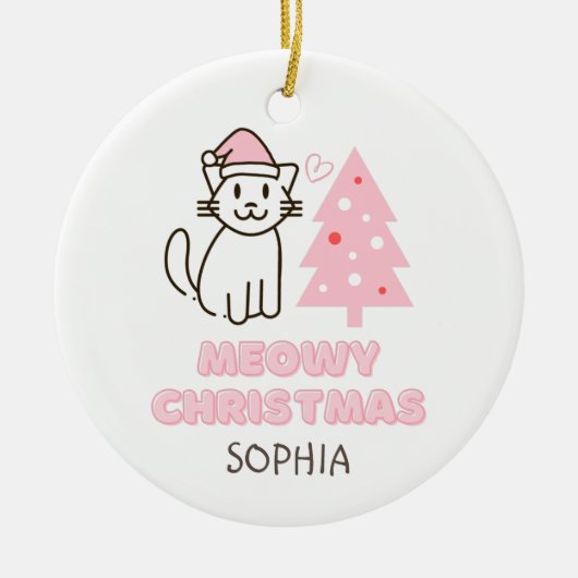 Cute Cat in Santa Hat&Tree Meowy-kerstpasta Keramisch Ornament (Voorkant)