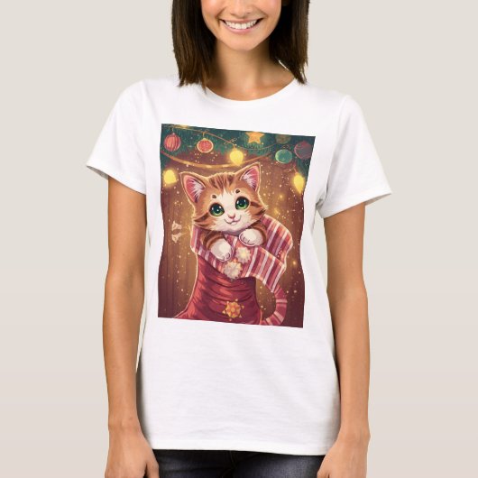 Cute Cat in Stocking Christmas Holiday T-Shirt (Voorkant)