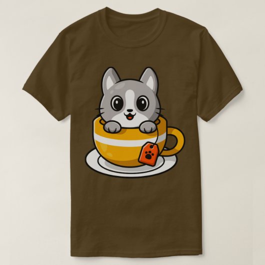 Cute Cat in Tea Cup Cartoon T-shirt (Design voorkant)