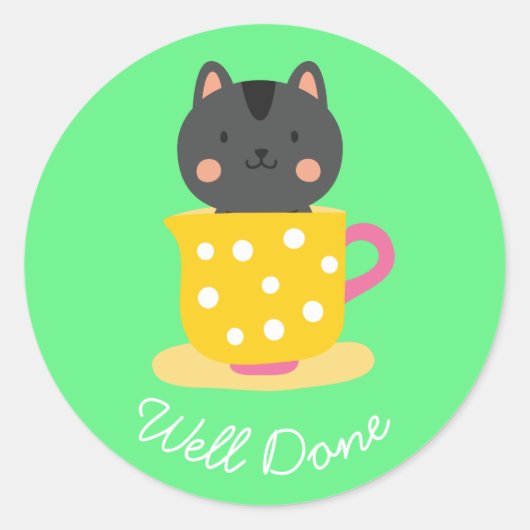 Cute cat in teacup goed gedaan lesgeven ronde sticker (Voorkant)