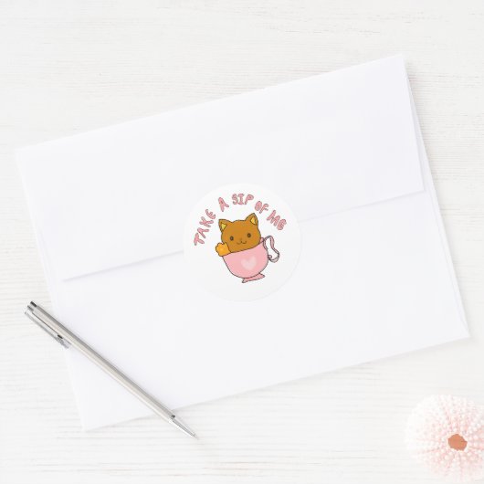 Cute Cat in Teacup Illustration – Take a Sip of Me Ronde Sticker (Envelop)