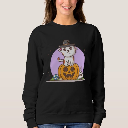 Cute Cat in Witches Hat on Pumpkin with Candy  Hal Trui (Voorkant)
