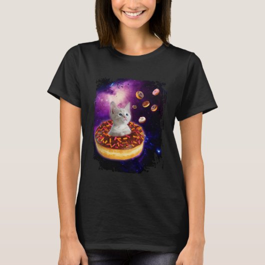 Cute Cat Inside Donut in Space Boys Girl Kitty in T-shirt (Voorkant)