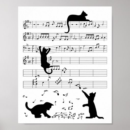 Cute Cat Kat die muziek afspeelt Nota Clef Musicia Poster (Voorkant)