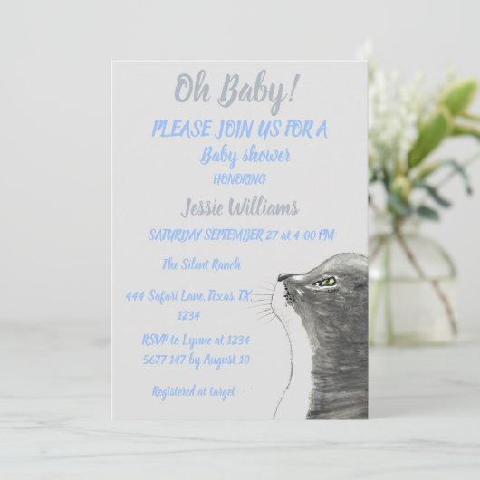 Cute Cat Kat Kitten Blue Baby boy douche Invitat Kaart (Staand voorkant)