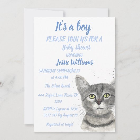 Cute Cat Kat Kitten Blue Baby boy douche Invitat Kaart (Voorkant)