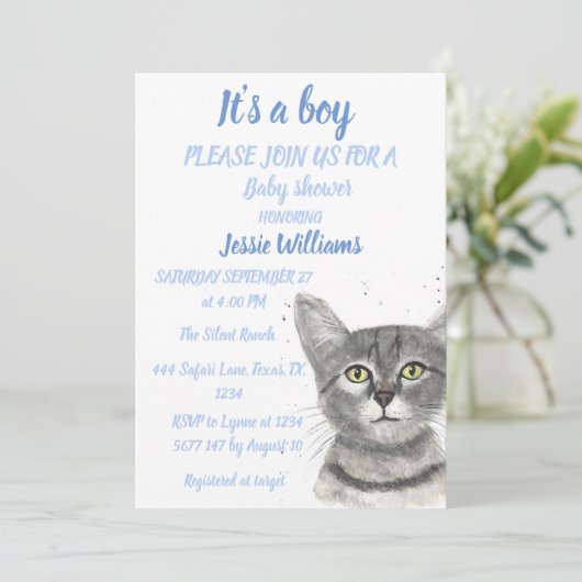 Cute Cat Kat Kitten Blue Baby boy douche Invitat Kaart (Staand voorkant)
