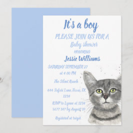 Cute Cat Kat Kitten Blue Baby boy douche Invitat Kaart