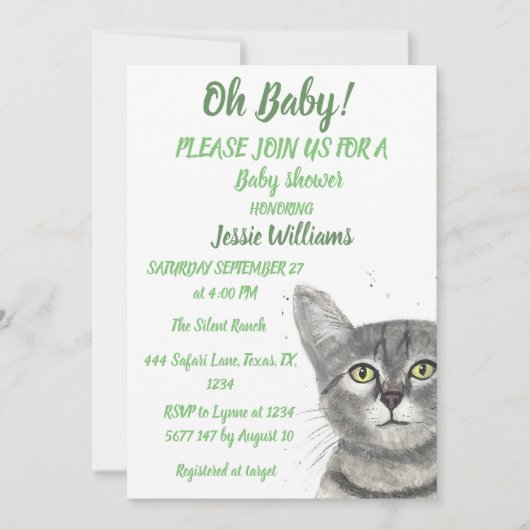 Cute Cat Kat Kitten Green Baby boy Girl Invitati Kaart (Voorkant)
