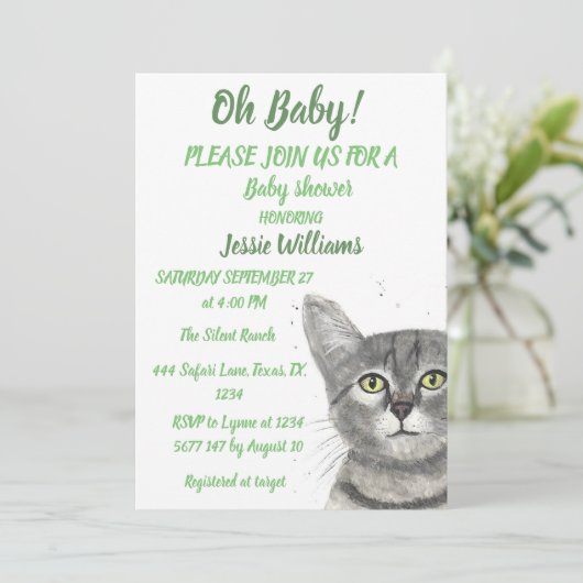 Cute Cat Kat Kitten Green Baby boy Girl Invitati Kaart (Staand voorkant)