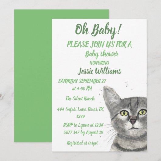 Cute Cat Kat Kitten Green Baby boy Girl Invitati Kaart (Voorkant / Achterkant)