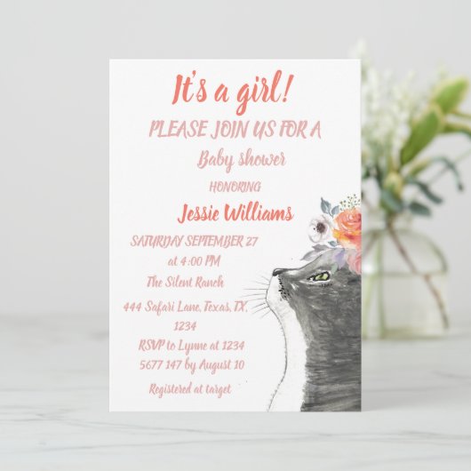 Cute Cat Kat Kitten Pink Girl Baby shower Uitnodig Kaart (Staand voorkant)