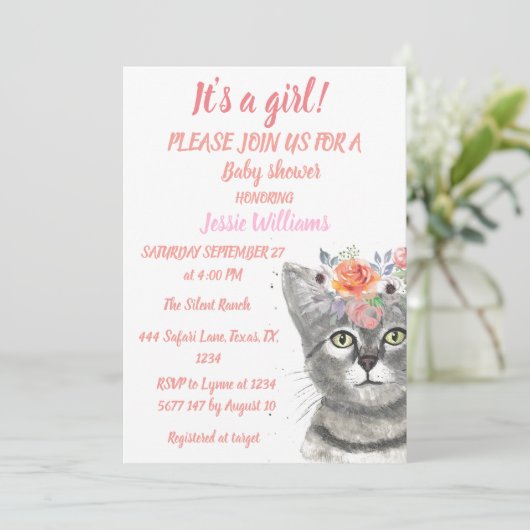 Cute Cat Kat Kitten Roze Floral Baby Girl Boho I Kaart (Staand voorkant)
