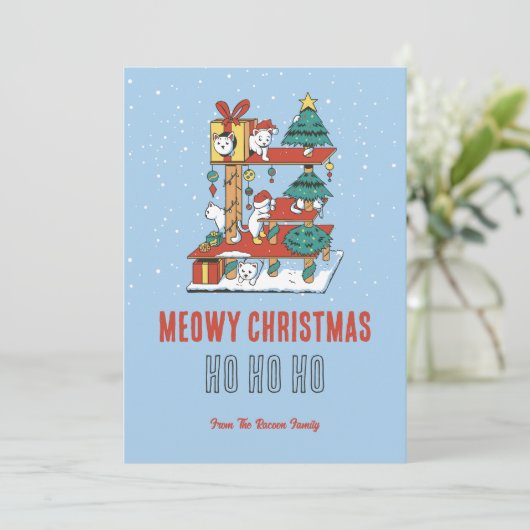 Cute Cat Kat Tree Snow Winter Meowy Kerstmis Feestdagenkaart (Staand voorkant)