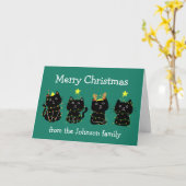 Cute Cat kerstlampjes Aangepaste groene feestdag Kaart (Gele Bloem)