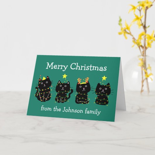 Cute Cat kerstlampjes Aangepaste groene feestdag Kaart (Gele Bloem)
