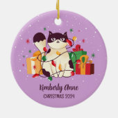 Cute Cat Kerstmis Kat Snowy Winter Holiday Keramisch Ornament (Achterkant)