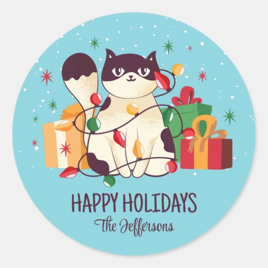 Cute Cat Kerstmis Snowy Winter Holiday Ronde Sticker (Voorkant)
