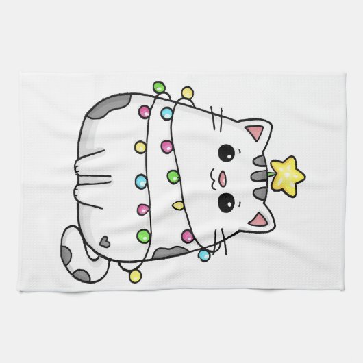 Cute Cat-kerstontwerp Theedoek (Horizontaal)