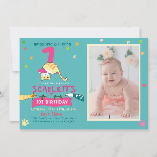 Cute Cat Kinder First Birthday Party Invitation Kaart (Voorkant)