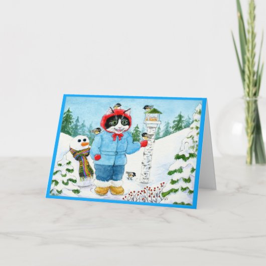 Cute Cat Kitten Bird Feeder wenskaart Feestdagen Kaart (Voorkant)