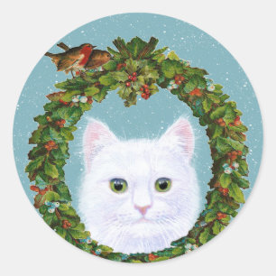 Cute Cat Kitten Birds Wreatstickers Ronde Sticker