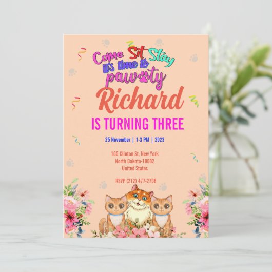 Cute Cat Kitten, Birthday Party van het Kind Kaart (Staand voorkant)