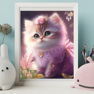 Cute Cat Kitten in de Paarse Dress Floral Art Nurs Poster