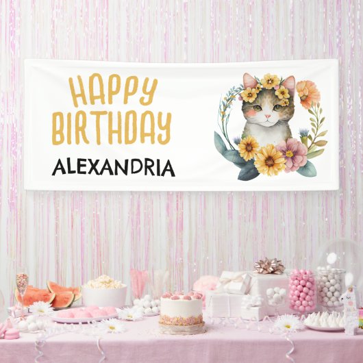 Cute Cat Kitten Little Girl's Happy Birthday Spandoek (Feest)