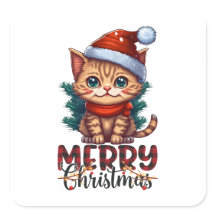 Cute Cat Kitten Merry Christmas Square Sticker