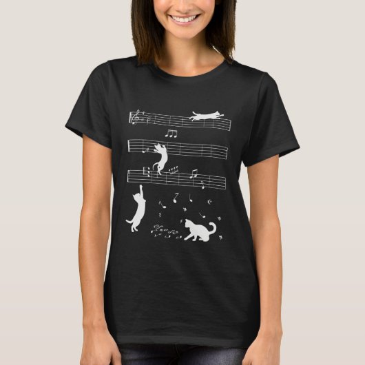 Cute Cat Kitty Playing Music Note Clef Musician T-shirt (Voorkant)