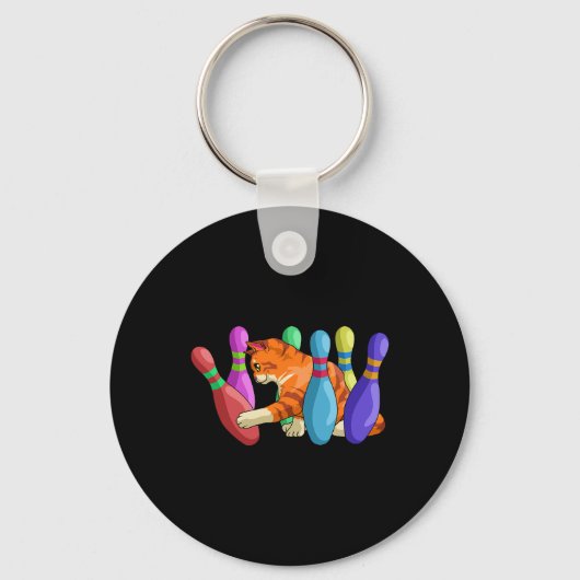 Cute Cat Knocking over Bowling Pins Kat Bowlers Sleutelhanger (Voorkant)