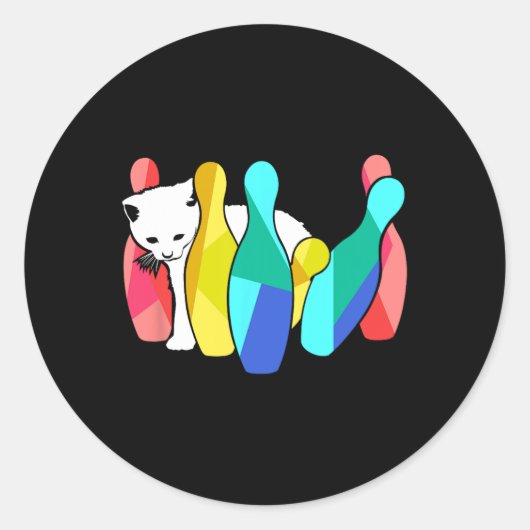Cute Cat Knocking over Bowling Pins Kat Ronde Sticker (Voorkant)