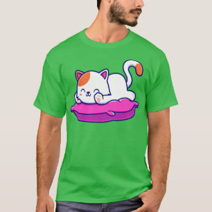 Cute Cat Laying on Pillow Cartoon T-shirt