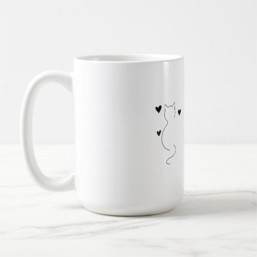Cute cat line drawing, with three hearts koffiemok (Links)