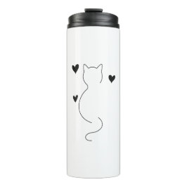 Cute cat line drawing, with three hearts thermosbeker
