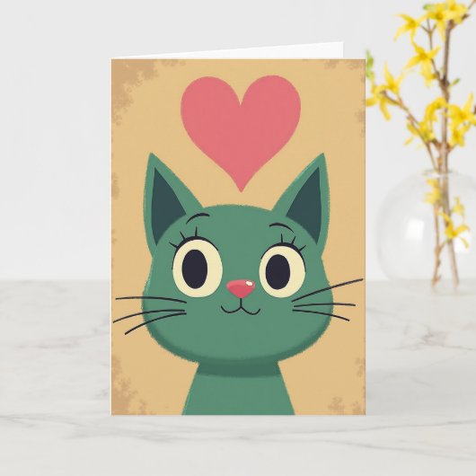 Cute Cat Love Heart Card Kaart (Gele Bloem)