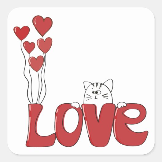 Cute Cat Love Typography Red Hearts | VALENTIJN Vierkante Sticker (Voorkant)