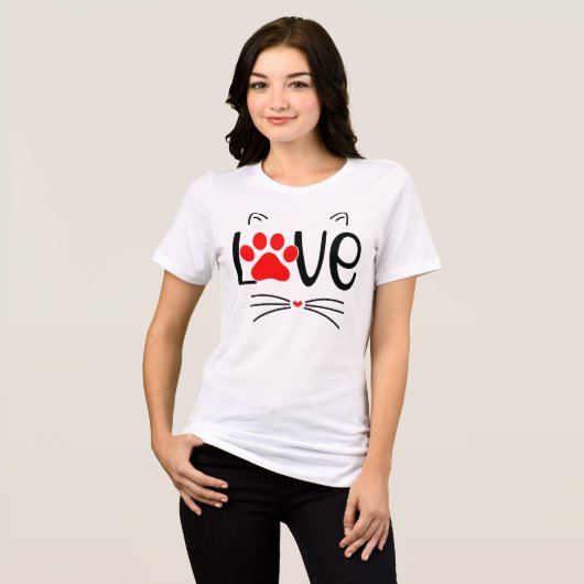 Cute Cat LOVE Typography with Red Paw Tri-Blend Shirt (Voorkant volledig)