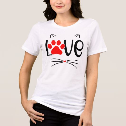Cute Cat LOVE Typography with Red Paw Tri-Blend Shirt (Voorkant)