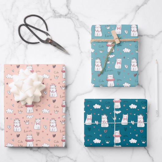 Cute Cat Love You Wrapping Paper Sheets (Voorkant)