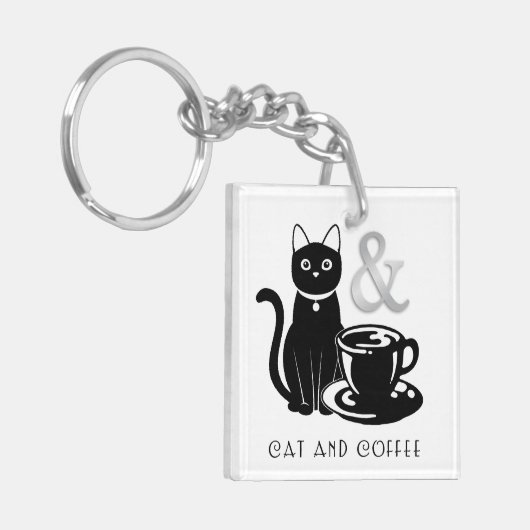Cute Cat Lover Coffee Lover Black and White Sleutelhanger (Voorkant Links)